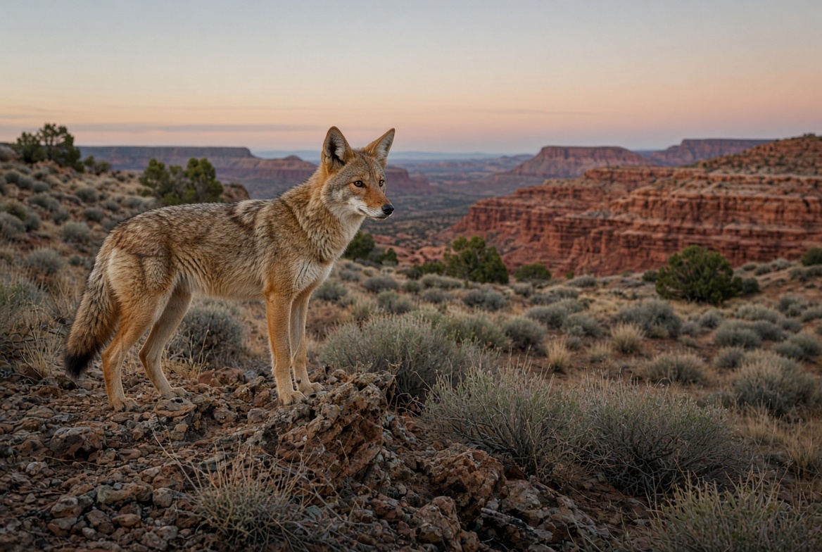 Coyote standing alert on a rocky Utah hillside at dusk