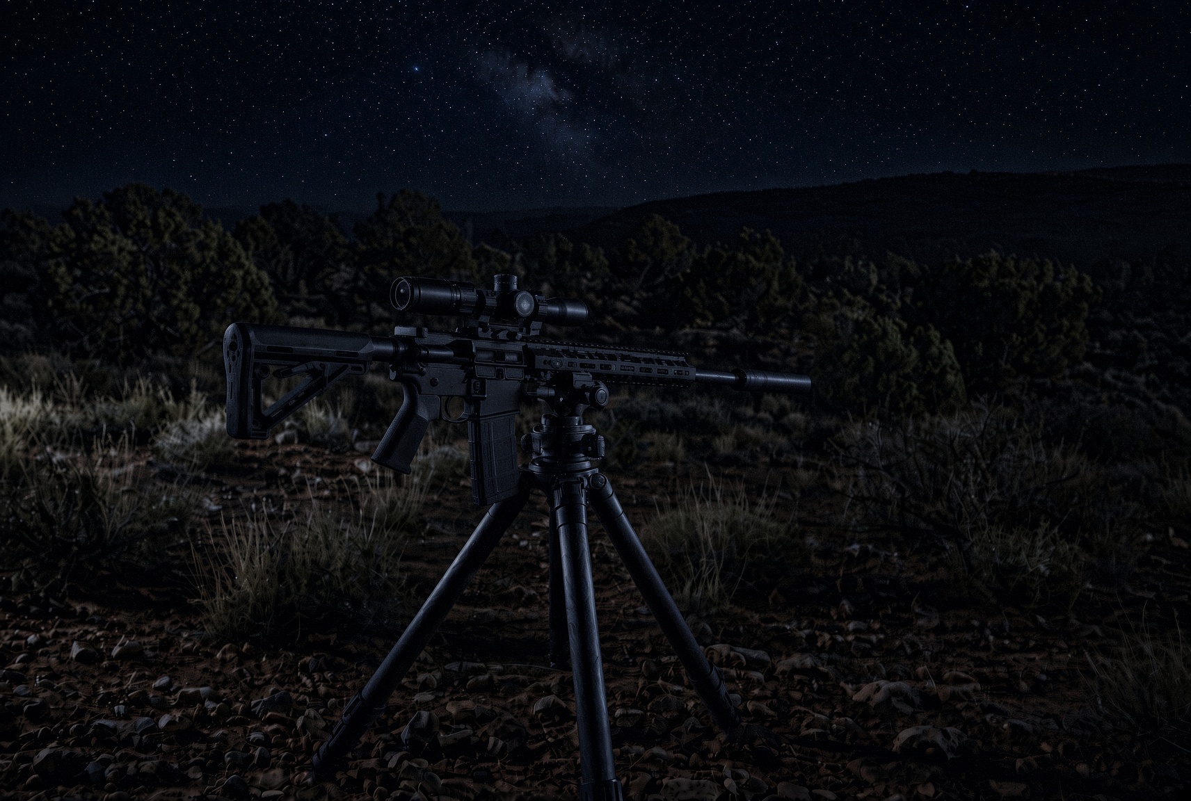 AR-15 on a shooting tripod in the Utah desert at night under a starry sky